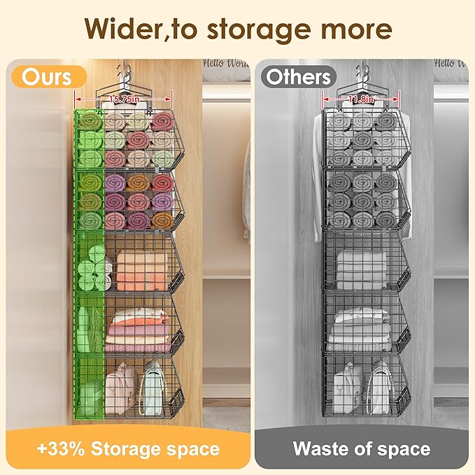4" Extra Deeper Hanging Closet Organizers and Storage,4 Tier Foldable Wire Cabinet Shelves with 5 S Hooks,Small Metal Basket Bins for Clothes Sweaters Handbags, Wardrobe for Kitchen Laundry Room，Black