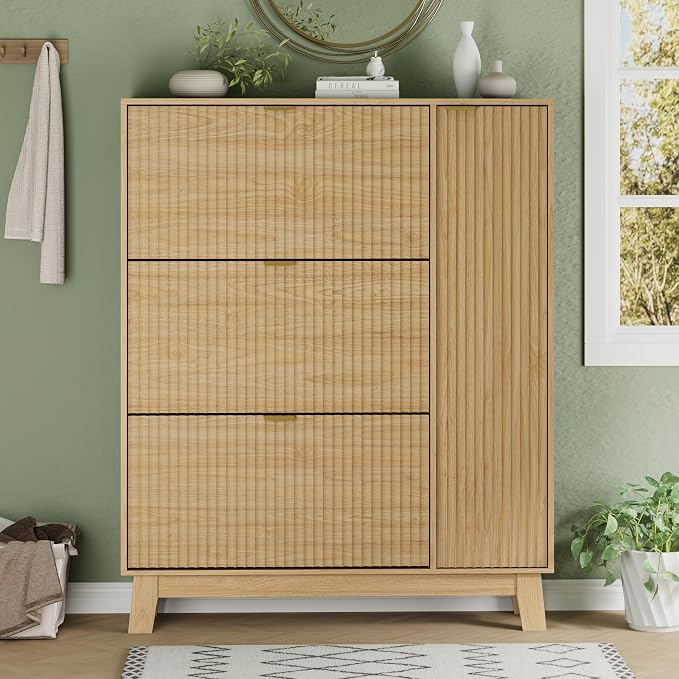Xixini Shoe Cabinet with 3 Flip Drawers, 54" Tall Narrow Fluted Shoe Storage Organizer for Entryway, Hidden Wooden Shoe Rack with Adjustable Side Cabinet for Front Door Entrance, Hallway, Natural Oak