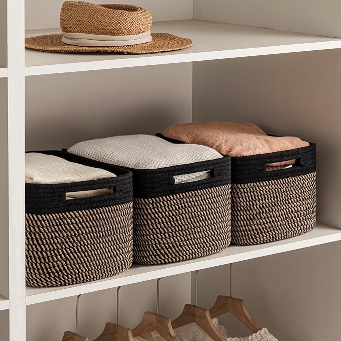 4 Pack Storage Baskets for Organizing, Shelf Baskets with Handles, Black&Brown