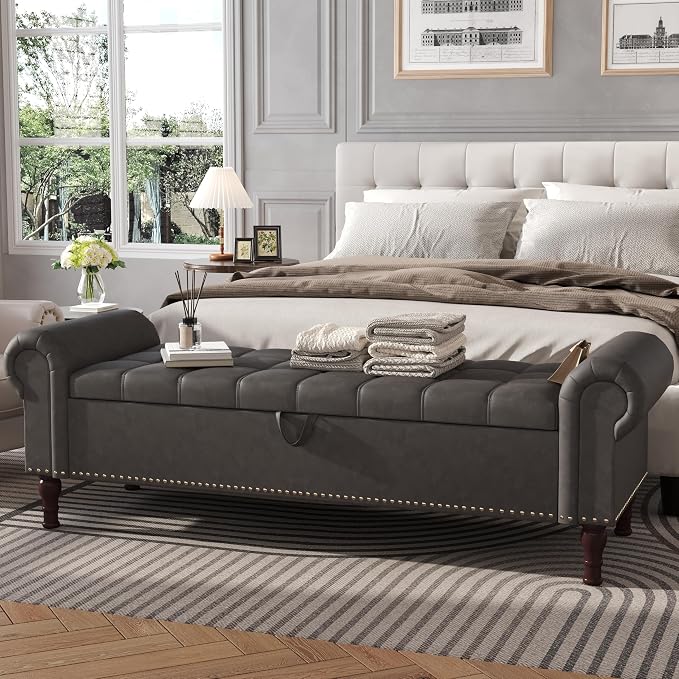 Apicizon 60” Bench with Storage, Upholstered Tufted Button Bedroom Bench with Storage, Faux Leather End of Bed Bench with Rolled Arms, Storage Ottoman Bench for Bedroom, Living Room, Entryway, Gray