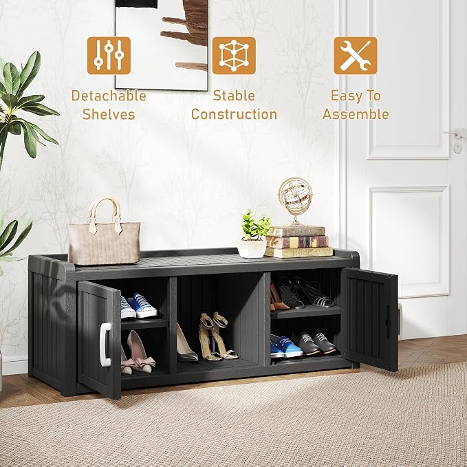 Shoe Storage Cabinet Waterproof UV-Resistant, Entryway Storage Bench Indoor Outdoor with 2 Doors, Adjustable Shelves for Entryway, Bedroom, Hallway,Living Room(Black)