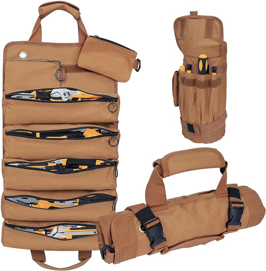 Portable Foldable Roll Up Tool Bag, Heavy Duty Tool Organizer Bag with 5 Compartments & 2 Detachable Pouches for Tools Storage, Waterproof Tool Roll Bag for Dad Men Electrician Gifts