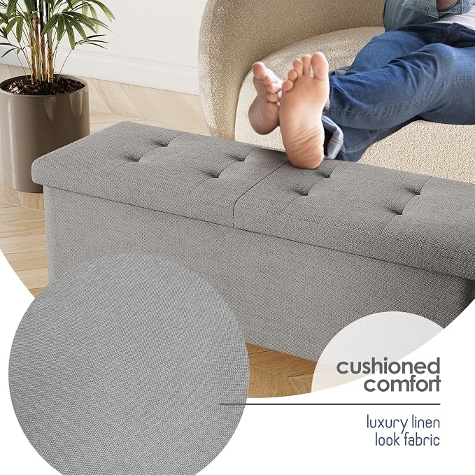 Storage Ottoman Bench with Bins, 43-in Storage Bench for Bedroom End of Bed, Folding Foot Rest Ottoman for Living Room Max 660lbs, Fabric Ottomans, Light Grey