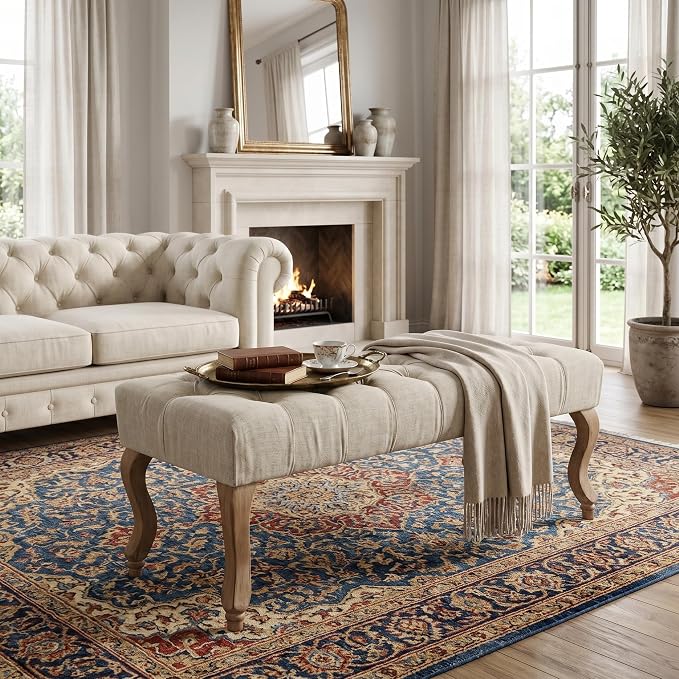 40" Accent Bench, Upholstered Tufted Ottoman Bench French Vintage Entryway Bench Linen Fabric Padded Bench with Distressed Wood Legs for Dining Room, Foyer, Living Room, Bedroom, Beige