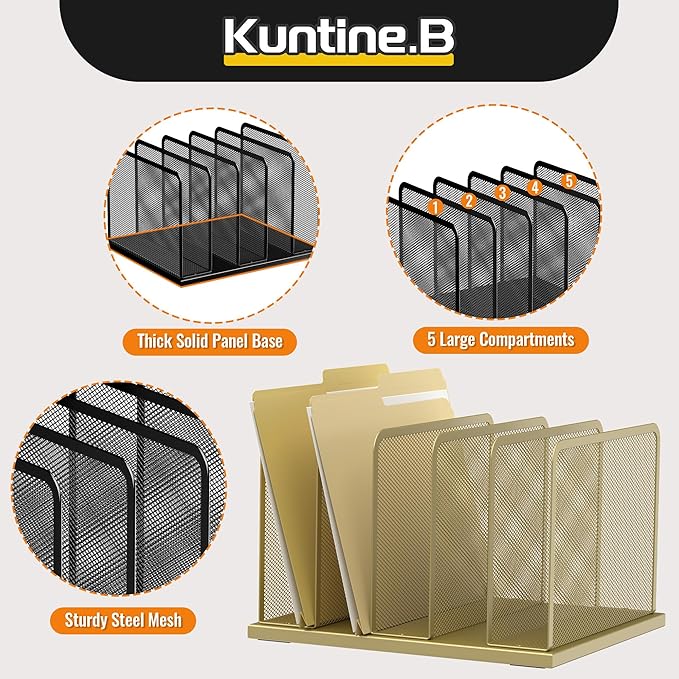 Kuntine.B 5-Section Upright Desk File Organizer Gold 1 Pack | Vertical, Mesh, Metal, Assembly, Stability, Sturdiness, Organization, Standing