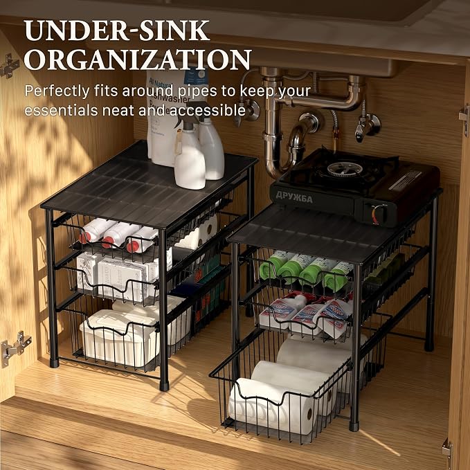 Simple Houseware Stackable 3 Tier Sliding Basket Organizer Drawer, Black