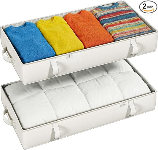 TidyCorner 2-Pack Under Bed Storage, 6 Inches Tall Closet Organizers and Storage Bins with Sturdy Sidewalls/Bottom/4 Handles, Beige