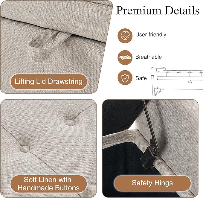 adochr 57" Storage Ottoman Bench, Upholstered End of Bed Bench, Beige | Metal Legs & Button-Tufted, Linen Ottoman with Storage 500 lb Capacity for Living Room, Bedroom, Entryway