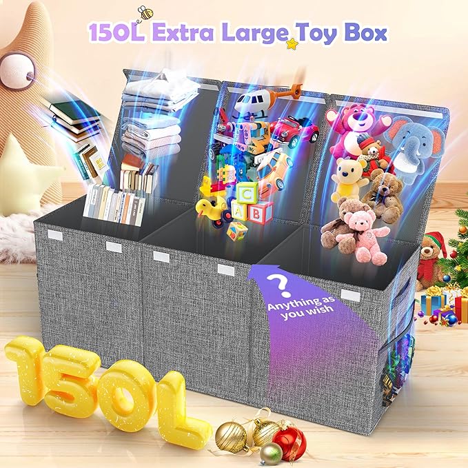Extra Large Toy Box with Lids, Large Storage Chest Organizer, 40"x14"x16" | Collapsible Sturdy Kids Toy Chest Bins with Dividers for Boys Girls, Nursery Bedroom Playroom Organization, Gray