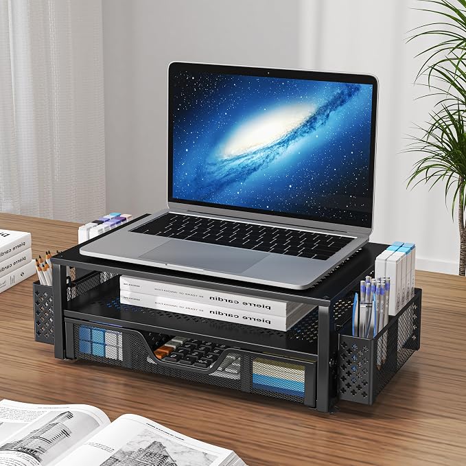 Simple Trending 2-Tier Metal Monitor Stand with Drawer & Pen Holder, Black | 20"W x 10"D x 5.8"H. Metal mesh cooling prevents overheating. 2-tier + drawer + pen holders. Non-slip. Fits laptop & monitor.