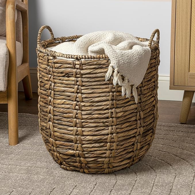 happimess Laurel Hand-Woven Abaca Storage Basket 19", Brown | Wicker Seagrass Container with Handles for Decoration, Laundry Room Entryway Hamper, 22 Pounds Capacity, Braided Accents