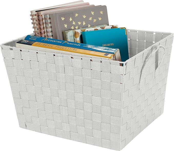 Simplify Large Woven Strap Tote | Decorative Storage Basket | 2 Handles | Organization | Closet | Bedroom | Bathroom | Nursery | Accessories | Toys | Gifts | 4 Pack | White