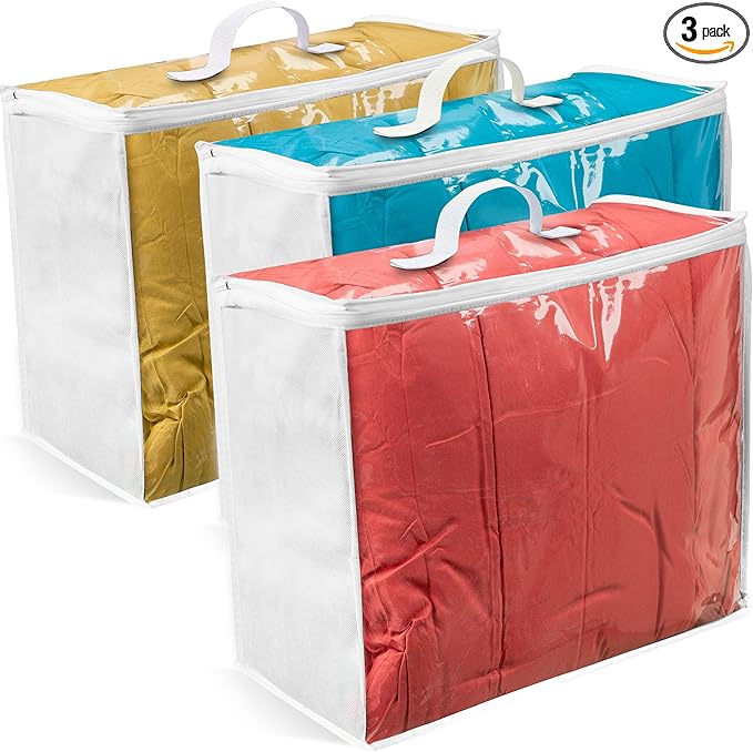 VitalUp Clear Plastic Storage Bag (3-Pack) 20x20x8 - Zipper, Blankets | Breathable Non-Woven Sides, Foldable, Comforters, Bedding, Clothes, Sweaters, College, Dorm, Packing