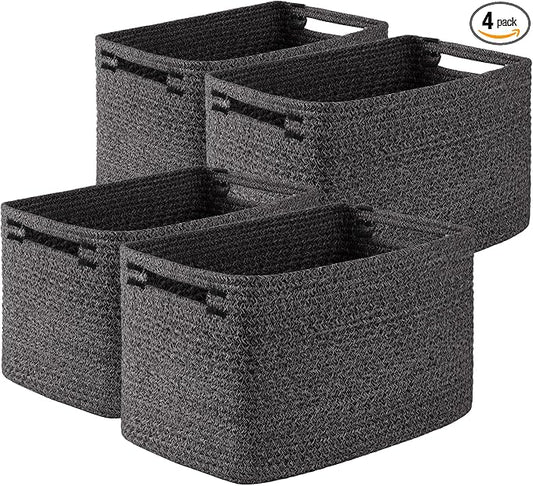 OIASKET 4Packs Natural Cotton Rope Storage Baskets for Organizing Toys, Clothes, Towels & Books, Soft Versatile Organizers for Shelves, Home Decorative Bins, 13''Lx9''Wx7.8''H, Black and White