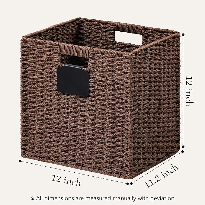 UBBCARE 4 Pack Wicker Basket, 12×12 Storage Cubes with Label, Foldable Cube Storage Bin with Handle, Square Storage Basket for Shelves, Woven Paper Rope Basket for Organizing, Brown