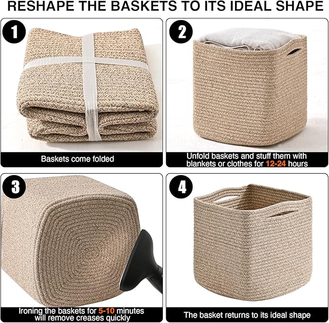 ICERZCZ 11 Inch Cube Storage Bins, Storage Cube Organizer Bins, Woven Cotton Rope Baskets for Storage, Storage Basket for Organizing Shelves, Square Baskets for Toys Nursery, Brown (Pack of 3)