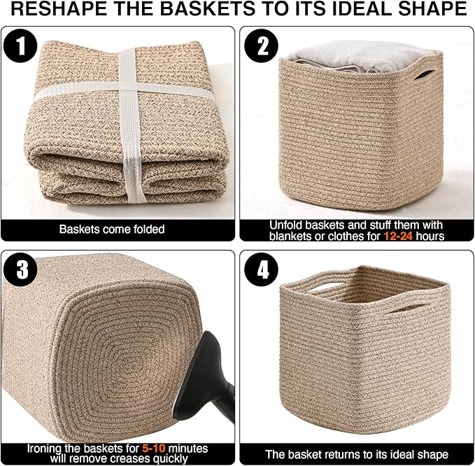 ICERZCZ 13 Inch Cube Closet Storage Bins, Woven Cotton Rope Organizer Baskets for Organizing & Shelves, Books, Towels, Clothes, Toys, 13x13x13 in, Brown (Pack of 3)