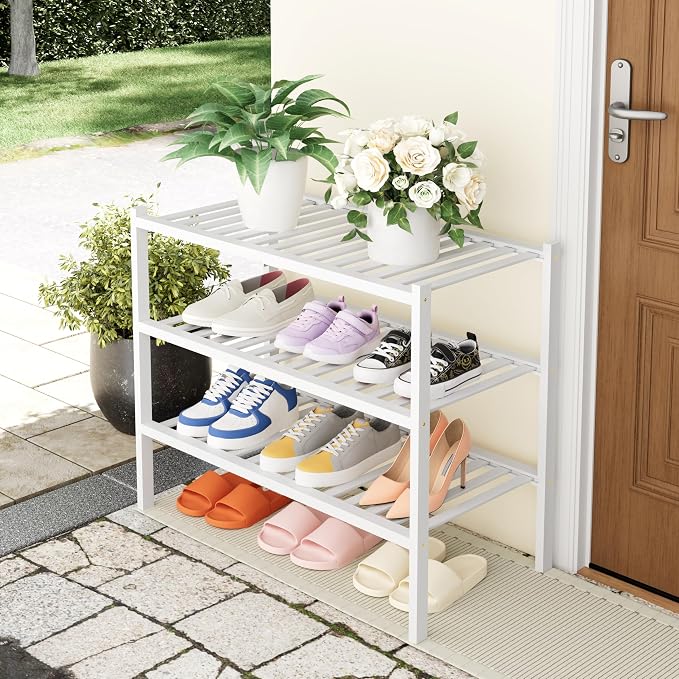 Smiry Bamboo Shoe Rack, 14 Vertical Slats, 3 Tier - 26.8" Wide, White | Stackable Free Standing Wooden Shoe Organizer, Wood Shoe Storage Shelf for Closet, Entryway, Thicher Leg