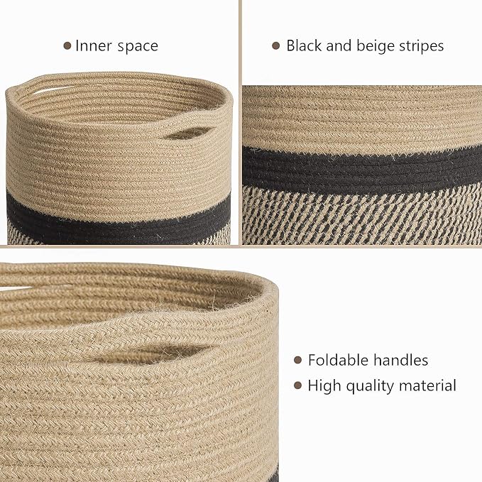 TIMEYARD Jute Rope Plant Basket, Planters for Indoor Plants, Black and Jute | 11" x 11" Storage Organizer Basket Rustic Home Decor, Wicker Planter, Woven Pot for Indoor Plants