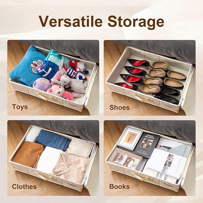 Vincona Under Bed Storage with Wheels, Rolling Under Bed Storage Containers with Label Holders for Clothes, Shoes and Blankets, Underbed Storage Organizer with Cover, 2 Pack Beige (23.6x15.7x7.28 in)