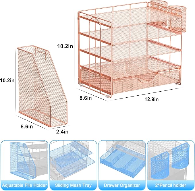 gianotter 5-Tier Desk Organizer with Drawers and File Holders | Letter Trays and Pen Holders - Workspace Accessories for Office Supplies (Rose Gold)