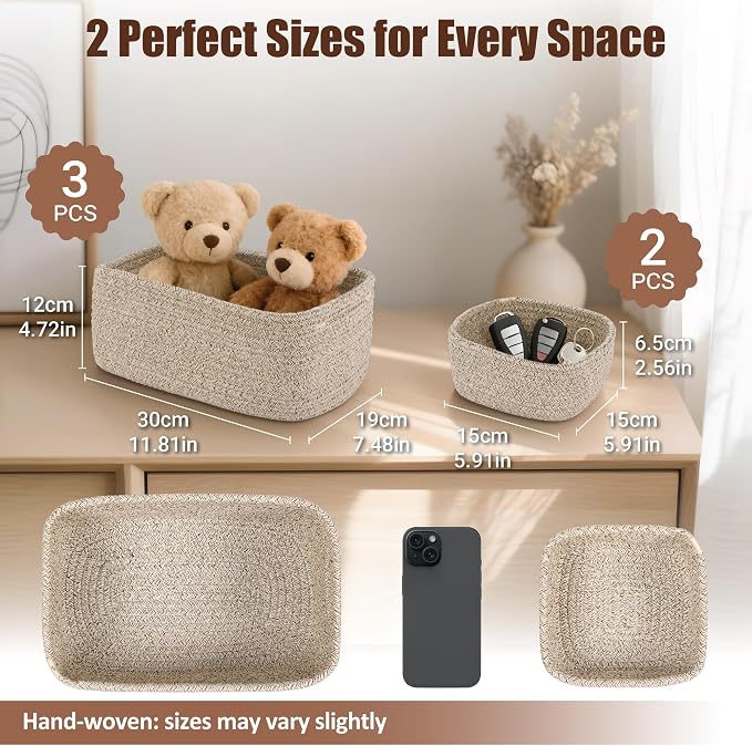 5-Pack Small Woven Rope Storage Baskets, 2 Sizes Organizer Bins | Fabric Cube Boxes and Rectangular Shallow Bins for Closet, Shelf, Bookshelf, Nursery, Changing Table, Bathroom, Toys & Home