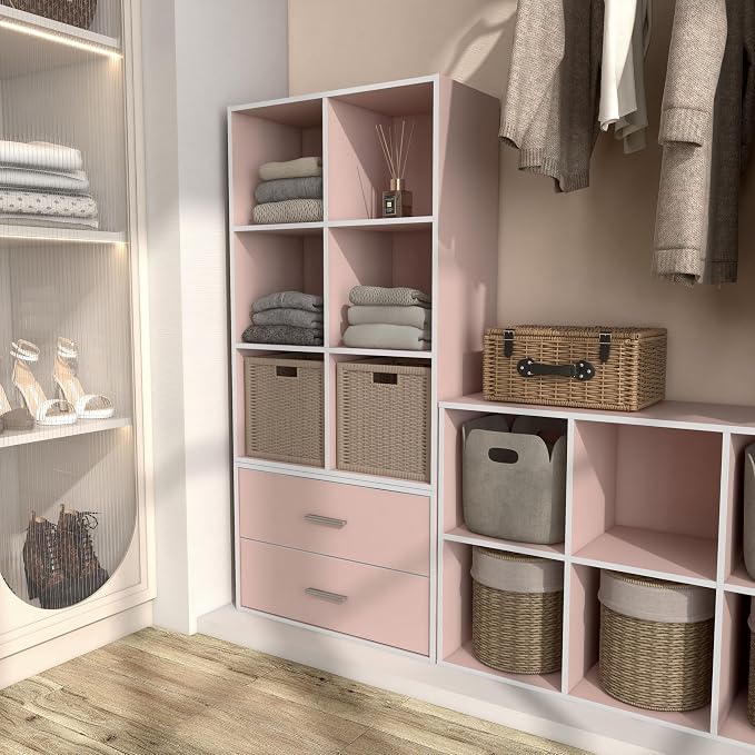 Homes: Inside + Out Apexa 6-Cube Storage Organizer Shelves, Stackable Wood Bookcase Fits Cubby Bins for Organization, Dorm Teen Room Decor & Home Office, Light Pink