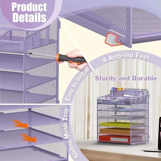 Docnest 6 Tier Mesh Desk Organizer with Letter Tray & Paper Sorter, Purple | Features 3 built-in pen holders & 5 adjustable compartments on top. Includes 4 non-slip rubber feet for desk protection