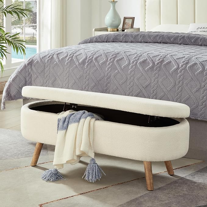 43.5" Ottoman with Storage, Storage Ottoman Bench with Safety Hinge, Boucle End of Bed Bench, Upholstered Entryway Bench for Bedroom, Living Room & Window, Holds up to 330 lb, Black
