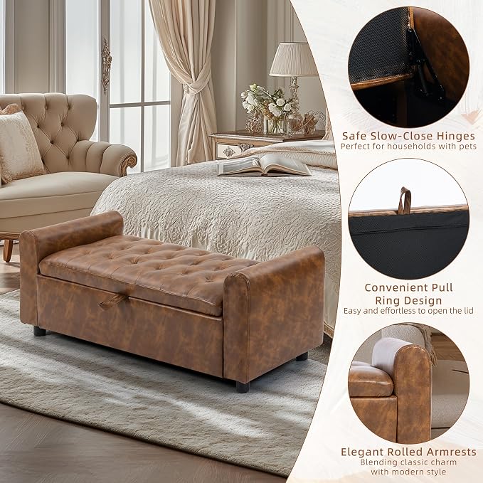 48" Ottoman with Storage, Tufted Storage Ottoman Bench, Convenient Living Room Fabrics Bench Seat, Entryway Shoe Benches with Inner Zipper & Arm, Rivetless Upholstered Window Seat Ottomans, Brown