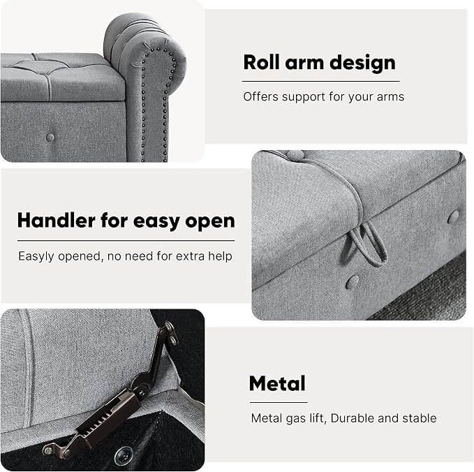 Storage Bench 67" Linen End of Bed Benches Grey | King Size Storage Bench for Bedroom with Rolled Arms Tufted Ottoman Benches Upholstered Bench for Living Room Entryway