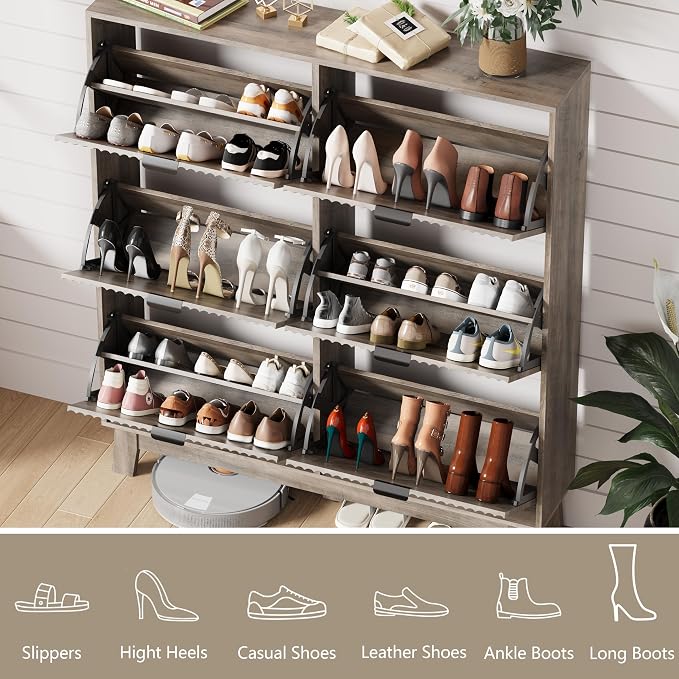 HUANLEGO Shoe Cabinet Storage for Entryway with 6 Flip Drawers, Grey | Fluted Narrow Shoe Organizer with Wooden Legs, Freestanding Entryway Shoe Storage, Hidden Shoe Rack for Front Door Entrance