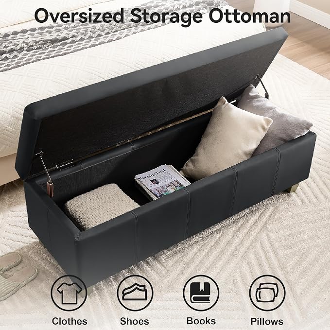 WUTUTUEE 51" Faux Leather Storage Ottoman, Stitch Tufted Rectangle Upholstered End of Bed Storage Bench, Entryway Large Couch Ottoman with Wooden Legs, Dark Black
