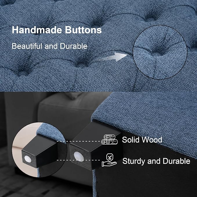 51" Storage Ottoman for Bedroom & Living Room, End of Bed Bench with Black Wooden Legs, Linen Upholstered Tufted Ottoman, Entryway Storage Bench, Dark Blue
