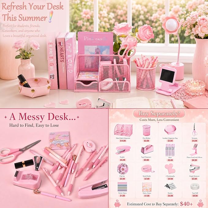 Pink Desk Accessories, 24Pcs Pink Office Supplies and Desk Organizers, with Tape Dispenser, Stapler, Staple Remover, Ect, Gift Box Packaging