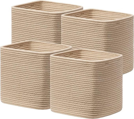 joybest 13inch Cube Storage Bins, Cotton Rope Woven Organizer Basket | Set of 4 Cube Bin Square Shelves Organizer Closet Storage, Nursery, Toy Organization, Brown