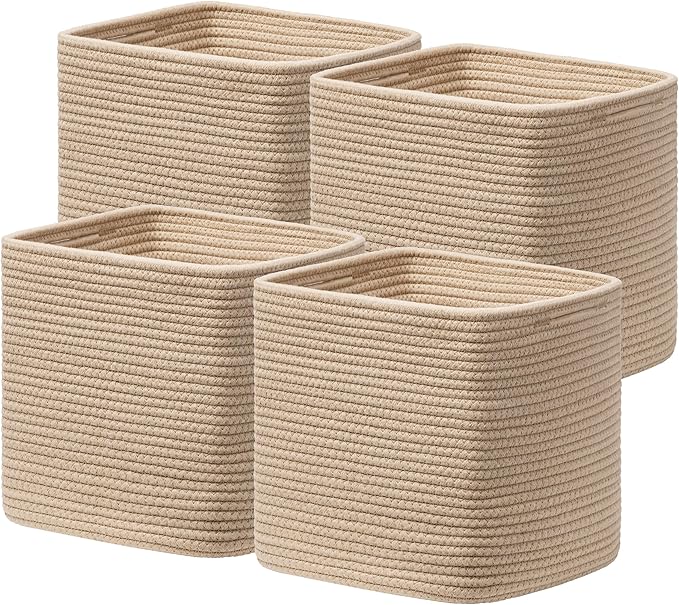 joybest 11inch Cube Storage Bins, Cotton Rope Woven Organizer Basket | Set of 4 Cube Bin Square Shelves Organizer Closet Storage, Nursery, Toy Organization, Brown