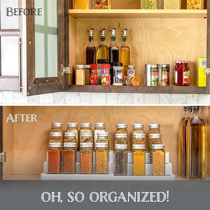 Oizeir 3-Tier Expandable Spice Rack Organizer for Cabinet, White/Grey | Expandable Plastic Spice Rack Organizer, Adjustable Length 3 Tiers, Non-Skid Shelf, Cabinet Pantry Countertop, White/Grey