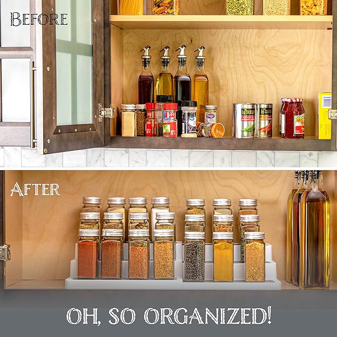 Oizeir Plastic 3-Tier Expandable Spice Rack, Adjustable Length, Stability with Non-Skid Shelf, For Easy Visibility, Organizer for Kitchen Cabinet, Pantry or Countertop, (2-Pack), White/Grey | Expandable Plastic Spice Rack Organizer, Adjustable Length 3...