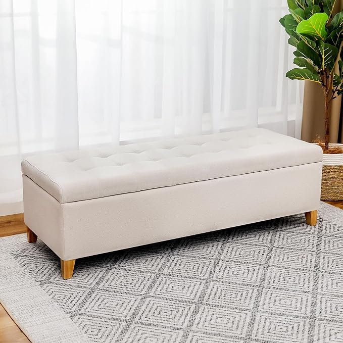 Joveco Storage Ottoman Bench, 51" Linen Rectangle Long Bench, for Bedroom, End Foot of Bed, Living Room, Entryway, Beige