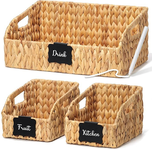Pantry Baskets and Organizers, Large Wicker Baskets for Shelves, Handwoven Labeled Storage Basket for Organizing with Handles-Water Hyacinth Storage Bins, Boho Decorative, 3Pack, Natural