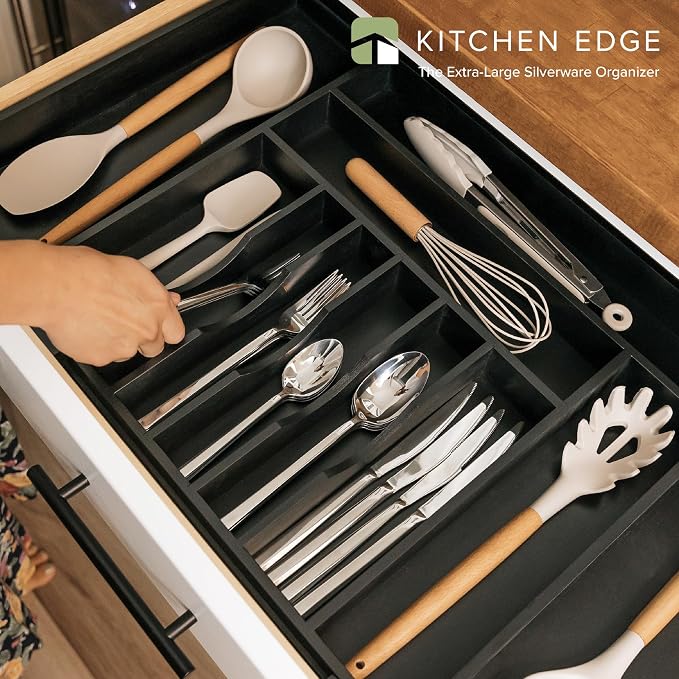 KitchenEdge Silverware & Utensil Drawer Organizer, 18-33 in, Black Bamboo | Cutlery, flatware, food-safe contract grade, kitchen drawer fit