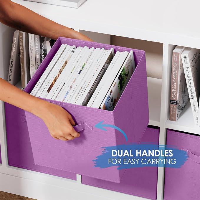 Storage Cubes Pack Of 8 - Standard Size Cube Storage Bin 10.5x10.5x11 With Dual Handles For Easy Carrying- Fabric Storage Bins Collapsible (Purple)