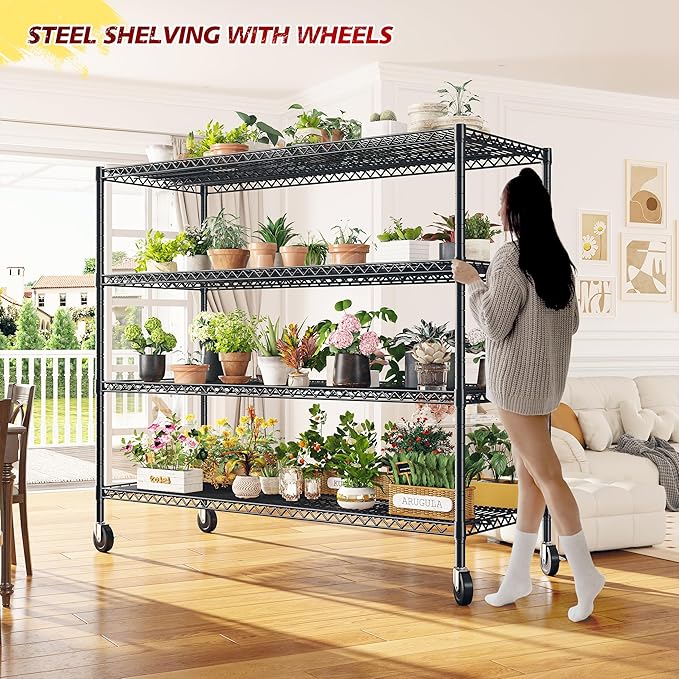 REIBII 55.52''W Storage Shelves 2480LBS Wire Shelving Unit with Wheels Heavy Duty Metal Shelves for Storage Adjustable Garage Storage Rack Pantry Shelf,75.62" H X 55.52''W X 24.02" D,3PCS