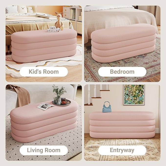 Busaurus Storage Ottoman Bench 49.2 Inch Upholstered Fabric Storage Bench for Bedroom End of Bed Aesthetic Large Oval Ottoman for Living Room Entryway (Pink)