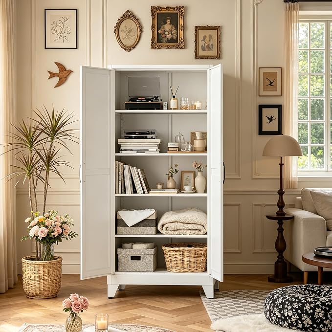 71"H White Pantry Kitchen Cabinet with Doors,Black Storage Cabinets,Freestanding Pantry Cabinet,Farmhouse Food Storage Cabinets,Tall and Large Pantry Cabinets for Kitchen, Dining Room, Living Room
