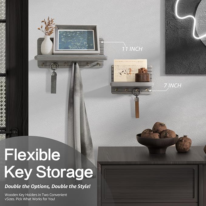 Rebee Vision Key Holder Wall Mount with Shelf for Living Room, Old Gray | Pine Wood, Key Holder for Wall, 4 Key Hooks, Mini Wooden Shelf, Mail Organizer, Rustic Home Decor, Living Room Organizer