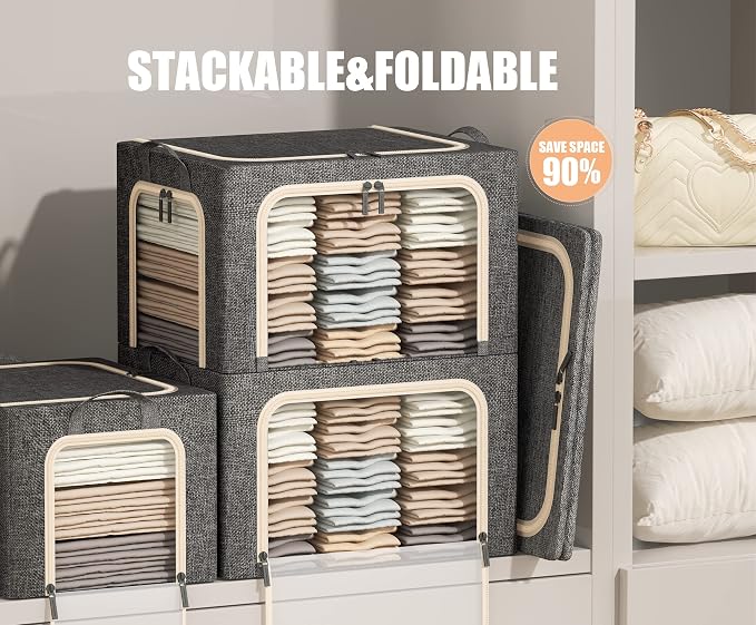 3 Opeings Large Clothes Storage Bins with Metal Frame, Foldable Storage Bin for Clothes, Clothing Storage Bins with Lid, Linen Storage Box With Clear Window＆ Zippers＆ Handles.(3 Pcs,Dark Grey,66L)