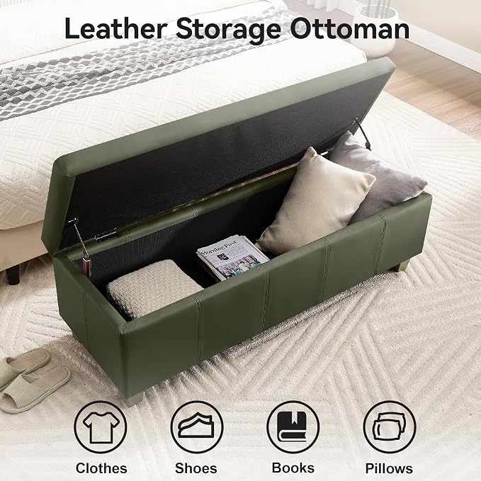 WUTUTUEE 41" Faux Leather Storage Ottoman, Stitch Tufted Rectangle Upholstered End of Bed Storage Bench, Entryway Large Couch Ottoman with Wooden Legs,Green