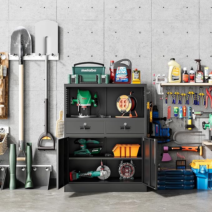 Storage Cabinet with Drawers, 41.3" Steel Lockable Storage Cabinets with Doors and Side Pegboard, Metal Cabinet for Garage, School, Home Office, Black